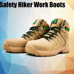 May include: Tan work boots with the text "Safety Hiker Work Boots". The boots feature green and black laces, gold eyelets, and the brand name "RIKA" in green. These boots are designed for safety and hiking, suitable for various outdoor activities.
