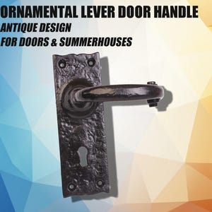 May include: Black ornamental lever door handle with an antique design. The handle is made of textured metal and features a lever and keyhole. Text on the image reads: "ORNAMENTAL LEVER DOOR HANDLE, ANTIQUE DESIGN, FOR DOORS & SUMMERHOUSES."