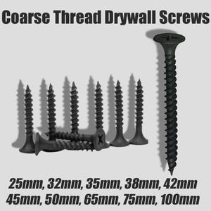 May include: Black coarse thread drywall screws. The image shows several screws of varying lengths, including 25mm, 32mm, 35mm, 38mm, 42mm, 45mm, 50mm, 65mm, 75mm, and 100mm. The text "Coarse Thread Drywall Screws" is at the top.