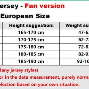 May include: A white soccer jersey with a black collar, displayed with a size chart. The chart details measurements in centimeters for length and bust, height and weight suggestions for sizes S to XXL. Text on the image reads "Soccer Jersey - Fan version".