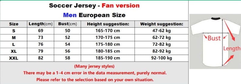 May include: A white soccer jersey with a black collar, displayed with a size chart. The chart details measurements in centimeters for length and bust, height and weight suggestions for sizes S to XXL. Text on the image reads "Soccer Jersey - Fan version".
