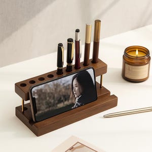 Walnut Wood Desk Organizer – Pen Holder, Phone Stand & Office Storage Solution