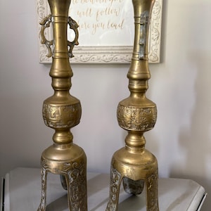 Pair of Vintage Brass Asian Candle Candlestick Holders 14.5 in Tall
