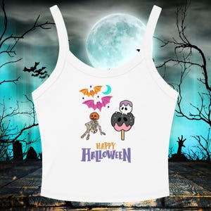 Halloween Crop Tank Top: Bats, Pumpkin Skeleton, Spooky Skull - Bella+Canvas 1012