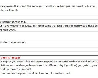 May include: A financial planning worksheet with sections for expenses, income, and balance. Instructions are provided for entering data and reconciling accounts. The text includes tips for managing variable expenses and income, and the password to unlock the formulas.
