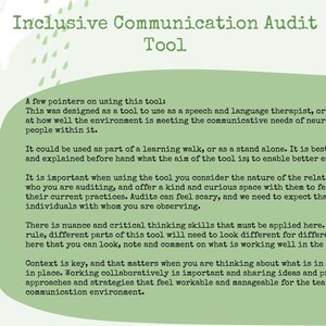 May include: A green and white infographic titled "Inclusive Communication Audit Tool" by Ruth Jones Speech and Language Therapy. The text provides guidance for speech therapists and educators on creating inclusive environments for neurodivergent children.