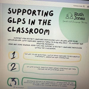 Könnte beinhalten: Ein digitales Bild zeigt eine Präsentation mit dem Titel „SUPPORTING GLPS IN THE CLASSROOM“. Das Bild enthält Tipps zur Unterstützung von Gestalt Language Processors mit nummerierten Punkten und Text. Ein grüner Kreis mit dem Text „Ruth Jones Speech and Language Therapy“ befindet sich oben rechts.