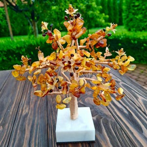 Amber Tree of Happiness Handmade Gemstone Tree Unique Gift Decor Natural Amber & Pearl Tree on Marble Base