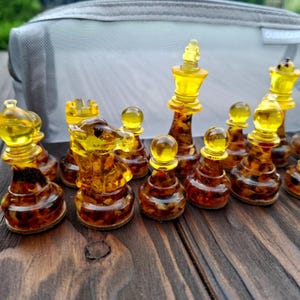Amber & Resin Handmade Chess Pieces – Set of 16 Exclusive Handcrafted Chessmen Unique Gift for Him or Her