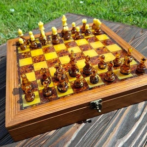 Handmade Amber Chess Set – Epoxy Resin Chessboard and Pieces – Unique Game Gift