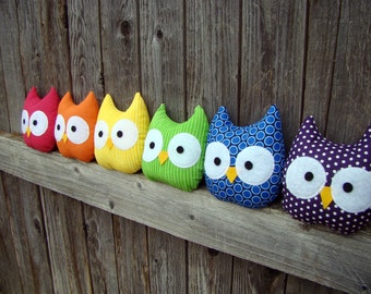 mini owl plush, rainbow, set of 6