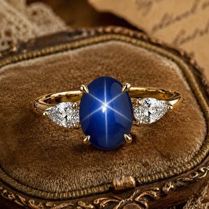 May include: A gold ring featuring a central oval-cut blue star sapphire with a distinct six-rayed star pattern. The sapphire is flanked by two pear-cut clear white stones, all set in a polished gold band with four-prong settings for each stone.