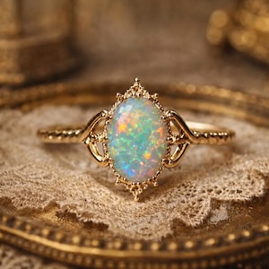 May include: A gold ring featuring an oval-shaped opal gemstone with iridescent flashes of blue, green, and orange. The setting has a decorative, scalloped metal border, and the band is crafted with a twisted rope texture on both sides.