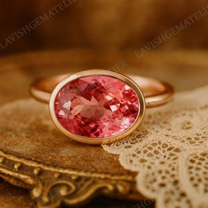 8 CT Pink Tourmaline Solitaire Ring, Rose Gold Bezel Set Oval Cut Ring, October Birthstone Jewelry, Minimalist Engagement Promise Ring