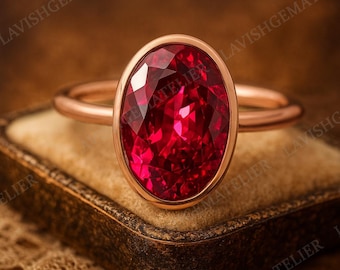 Oval Cut Ruby Ring 14K Rose Gold Bezel Set Solitaire Gemstone Ring Vintage Inspired Minimalist Engagement Wedding Anniversary Jewelry Gift