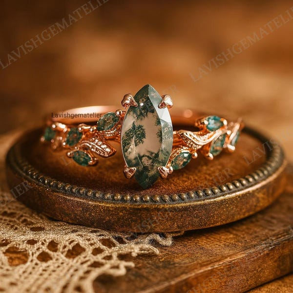 Marquise shaped Moss Agate Engagement ring Rose Gold Promise Ring Leaf Nature Inspired Bridal Sets Green Gemstone Ring Jewelry gifts for her