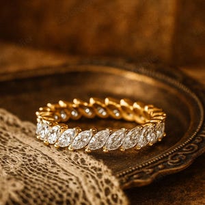 Marquise Diamond Eternity Band, Gold Wedding Band, Vintage Marquise Cut Ring, Anniversary Gold Band, Stacking Bridal Diamond Ring Gifts