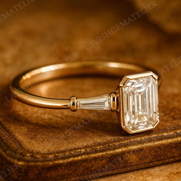 Three Stone Emerald Cut Moissanite Engagement Ring Solitaire Moissanite Wedding Ring Emerald Cut Side Tapered Baguette Cut Anniversary Ring