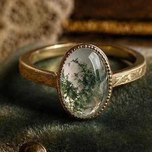 Vintage mosagaatring, op de natuur geïnspireerde ovale edelsteen, goudgegraveerde band, boho-statementsieraden, unieke handgemaakte cadeaubelofte
