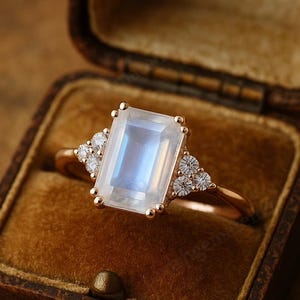 Emerald Cut Moonstone Engagement Ring, Rainbow Moonstone Ring with Diamonds, Rose Gold Vintage Style Ring, June Birthstone Jewelry Gift