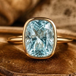 May include: A gold ring featuring a large, rectangular, light blue gemstone. The gemstone is set in a gold bezel and sits atop a thin gold band. The ring is displayed on a brown, textured surface.