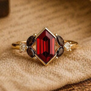 May include: A gold ring featuring a large, faceted, rectangular red gemstone at its center. The ring is accented with smaller dark gemstones and diamonds on either side of the central stone. The ring is set on a neutral-colored fabric.