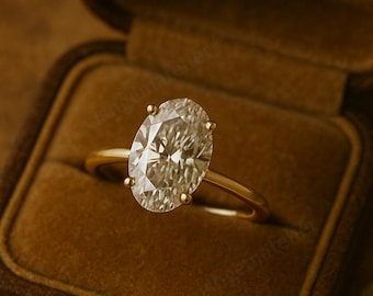 Anillo de compromiso de oro macizo de 14 quilates con diamantes cultivados en laboratorio de talla ovalada de 2 quilates, anillo de diamantes simulados con halo oculto, anillo de promesa de aniversario para mujer.