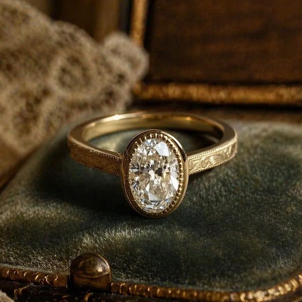 Antique Milgrain Bezel Set Ring, 3.00 CT Lab Grown Diamond Engagement Ring, Vintage Art Deco Solitaire Ring, 14K Yellow Gold Wedding Ring