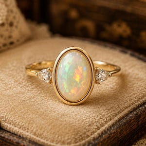 May include: A gold ring featuring an oval opal gemstone, flanked by two smaller, triangular accent stones. The opal exhibits a vibrant play of colour, with green, yellow, and orange hues. The ring rests on a beige velvet surface.