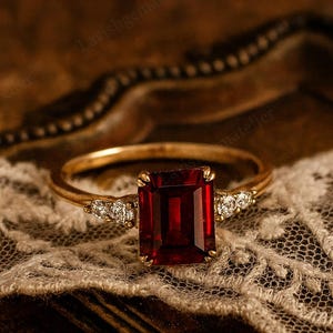 Puede incluir: Un anillo de oro con una gran gema roja oscura rectangular como pieza central. Pequeñas gemas claras están engastadas a cada lado de la piedra principal. El anillo se exhibe sobre una delicada superficie de encaje color crema.