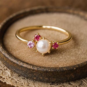 Puede incluir: Un anillo de oro con una perla blanca central rodeada de piedras preciosas rosas y rojas. El anillo tiene una banda delicada y se presenta sobre un fondo neutro, resaltando el diseño y el color de la joya.