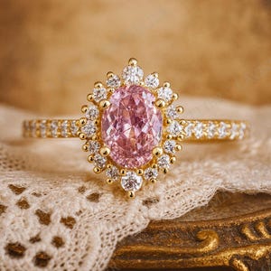 Oval Pink Sapphire Halo Ring • Vintage Floral Diamond Engagement Ring • Yellow Gold Unique Cluster Ring • Bridal Jewelry Anniversary Gift