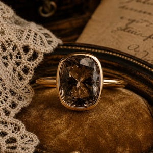 Peut inclure: Une bague en or avec une grosse pierre précieuse marron fumé de taille coussin. La bague est posée sur une surface en velours dans un cadre décoratif, avec de la dentelle en arrière-plan. Le bracelet de la bague est fin et doré.