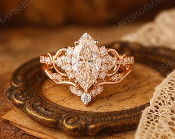 Marquise Cut Moissanite Engagement Ring Set Unique Rose Gold Bridal Ring Set Diamond Cluster Wedding Stacking Band Promise ring set