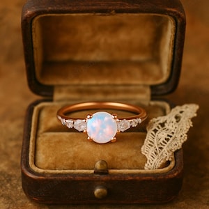 Anillo de compromiso pequeño y delicado con ópalo blanco en oro amarillo de 14 k y ópalo vintage. Anillo de compromiso pequeño con ópalo blanco para mujer. Anillo de regalo de aniversario.
