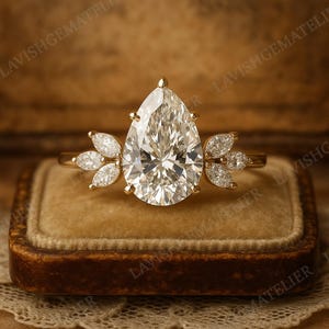 3.00 CT Pear Shape Moissanite Engagement Ring, Diamond Solitaire Wedding Ring, 14K Solid Gold Marquise Cluster Ring, Diamond Rings For Her