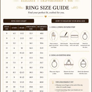 May include: Ring size guide from Lavishgematelier, featuring a ring size chart with Indian, US, and UK sizes, inner diameter in millimeters, and circumference in millimeters. Includes instructions on measuring ring size with a string or existing ring.