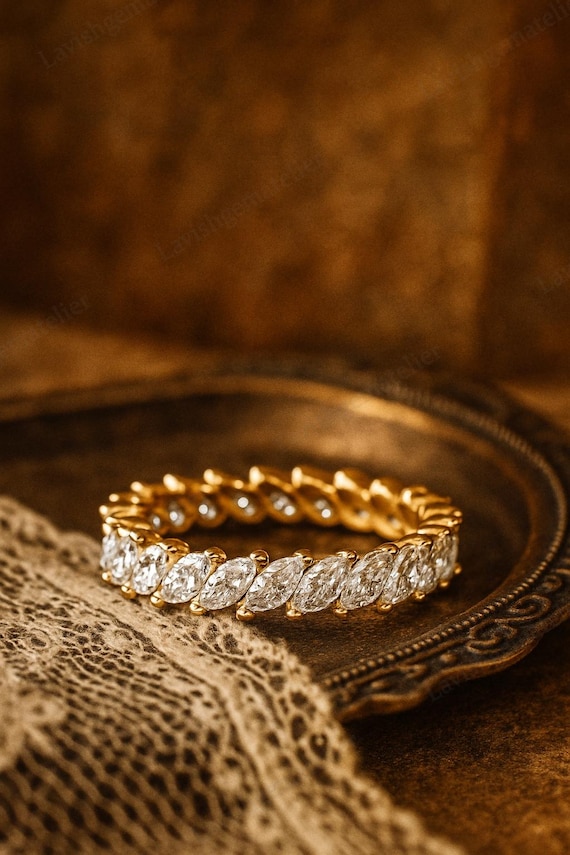 Marquise Diamond Eternity Band, Gold Wedding Band, Vintage Marquise Cut Ring, Anniversary Gold Band, Stacking Bridal Diamond Ring Gifts