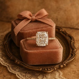 Puede incluir: Un anillo de oro con un gran diamante de talla cuadrada se muestra en una caja de anillo de terciopelo rosa. La caja del anillo está dentro de una bandeja decorativa de estilo antiguo. Una segunda caja de anillo con un lazo está detrás del anillo.