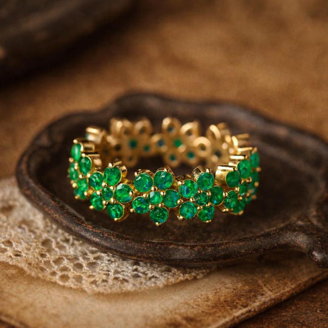 Emerald Eternity Band, May Birthstone Wedding Ring, 14K Yellow Gold ...