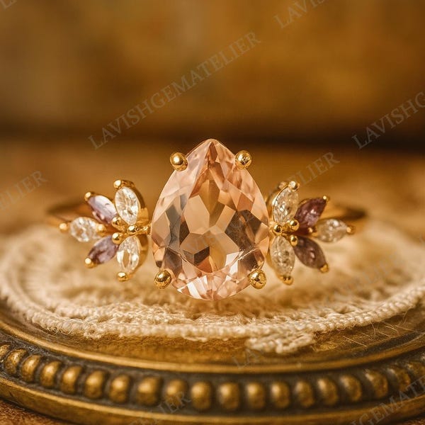 Anillo de compromiso vintage de morganita para mujer, oro rosa, anillo único en forma de pera, anillo de racimo de diamantes, anillo de boda, anillo de aniversario nupcial