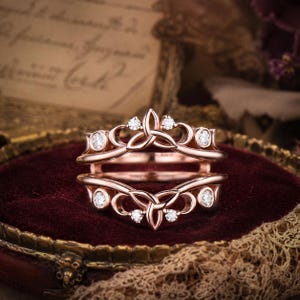 Moon Celtic knot diamond wedding band enhancer rose gold vintage bezel art deco cluster stacking bridal ring women anniversary gift