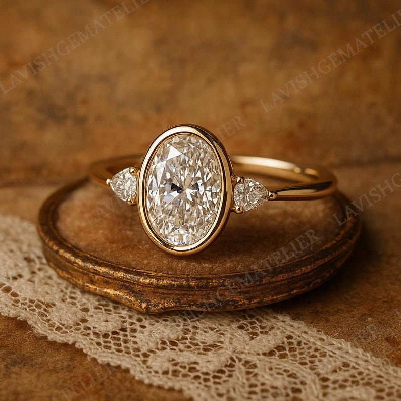 Oval Bezel Set Engagement Ring 3 CT Oval Cut Moissanite Ring 14K Gold ...