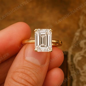 Emerald Cut Moissanite Solitaire Engagement Ring, 14K Yellow Gold Four Prong Classic Setting, Bold Statement Proposal Ring for Her