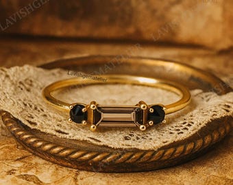 Anillo de cuarzo ahumado y ónix negro, anillo de cuarzo ahumado con corte baguette, anillo de oro de 14 quilates, anillo de bodas de cuarzo, anillo de aniversario, anillo llamativo de regalo.