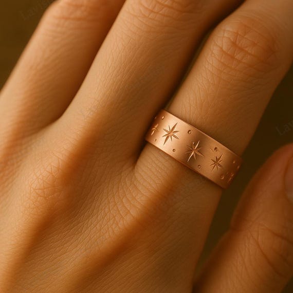 Orion Stars Engraved Ring, 6mm 14K Gold Wedding Band, Hand