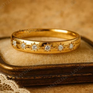 14k Solid Gold Band Ring Cz North Star Ring Star Gold Ring Inset Moissanite Star Ring Statement Ring Promise Ring Wedding Gift Band