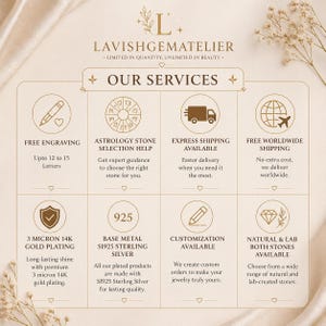 May include: Cream-colored graphic with the text "LAVISHGEMATELIER" and "OUR SERVICES". The services include free engraving, astrology stone selection help, express shipping, free worldwide shipping, 3 micron 14K gold plating, base metal S1925 sterling silver, customization, and natural & lab both stones available.