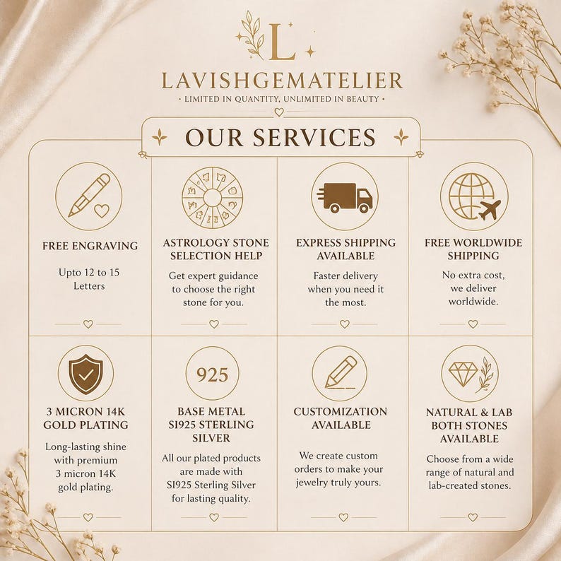 May include: Cream-colored graphic with the text "LAVISHGEMATELIER" and "OUR SERVICES". The services include free engraving, astrology stone selection help, express shipping, free worldwide shipping, 3 micron 14K gold plating, base metal S1925 sterling silver, customization, and natural & lab both stones available.