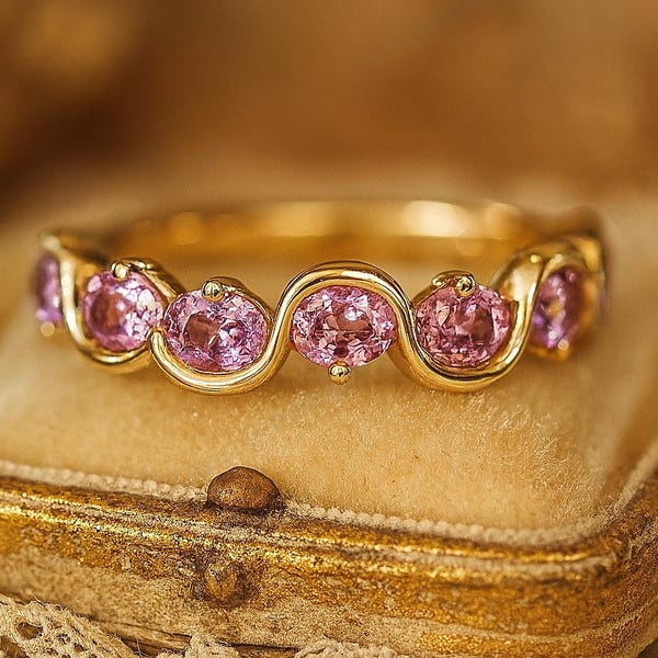 Anillo de oro con zafiro rosa, anillo vintage de oro macizo, anillo de piedra natal hecho a mano, anillo de aniversario apilable, regalo de joyería delicada para ella.